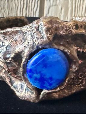 Vintage 1960s Brutalist Lapis Lazuli Cuff Bracelet Heavy Mixed Metal